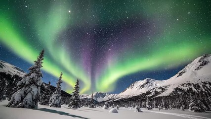 Northern lights over snowy mountains and pine trees at night - Powered by Adobe