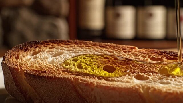 Dramatic sequence of olive oil being drizzled onto toasted bread highlighting