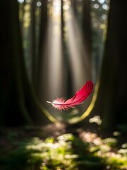 A red feather floating in a sunlit forest, dappled light and woodland scene