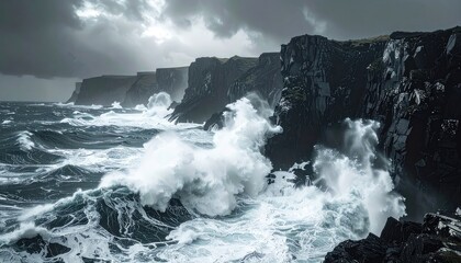Turbulent ocean waves battering sheer cliffs under a dramatic, stormy sky