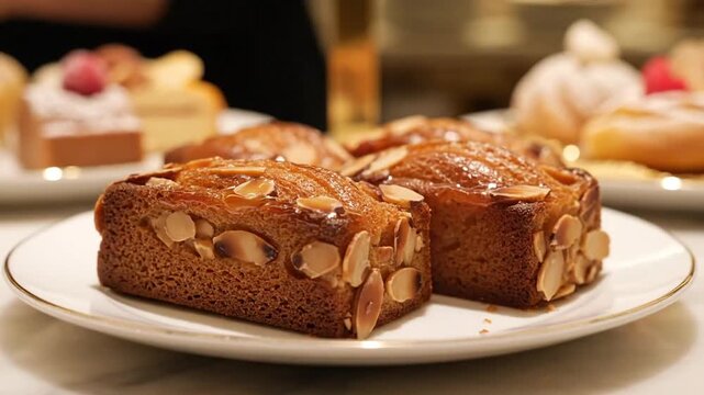 Close-up view of freshly baked almond-studded fruitcake slices on a white