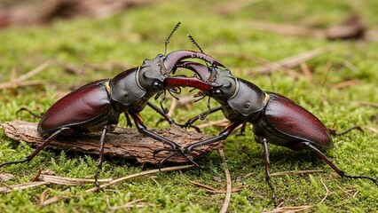 Two stag beetles fighting on green moss in sharp natural style, wildlife behavior