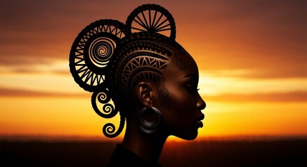 Silhouette of a woman with artistic tribal hairstyle in warm sunset light, cultural beauty