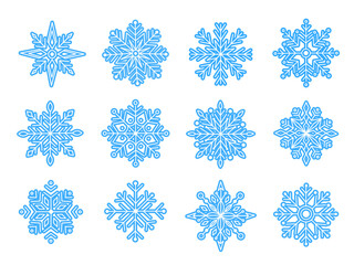Cute cartoon snowflakes set. Elegant winter decoration for Christmas and New Year design. Festive seasonal symbols in minimal flat style. Vector illustration isolated on white background.