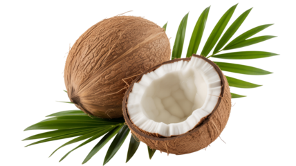Fresh coconuts and palm leaves  png  isolated on transparent background, offer a tropical island vibe, perfect for food, beauty, and wellness brands
