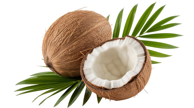Fresh coconuts and palm leaves  png  isolated on transparent background, offer a tropical island vibe, perfect for food, beauty, and wellness brands