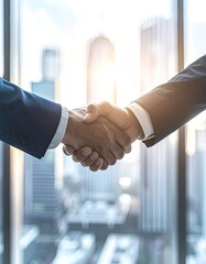 Two suited individuals shaking hands with city skyscrapers visible