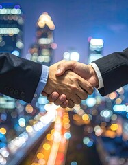 Business handshake with cityscape in background, showing partnership and agreement