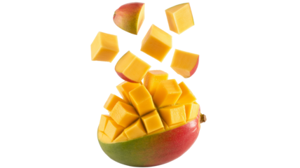 Fresh mango chunks falling  png  isolated on transparent background, onto a beautifully cut mango, perfect for a healthy snack or smoothie