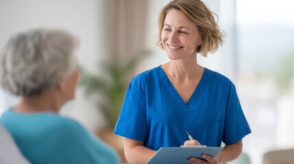Fototapeta premium Compassionate Nurse Engaging with Patient in a Bright, Inviting Healthcare Setting, Building Trust and Ensuring Comfort during Care Delivery