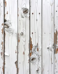 Weathered, vertical white wood with peeling paint, knots, and rustic texture