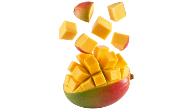 Fresh mango chunks falling png isolated on transparent background, onto a beautifully cut mango, perfect for a healthy snack or smoothie