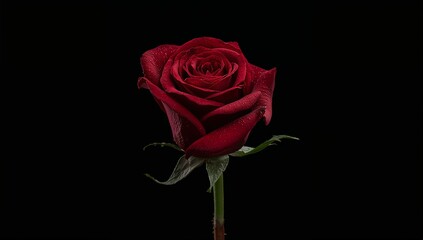 A close up shot of a vibrant red rose with water droplets against a stark black background view