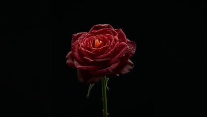 A single red rose with water droplets on its petals against a dark black background in a studio shot