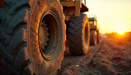 Heavy machinery large tire on dirt road at sunset. Construction vehicle wheel close up during golden hour light. Industrial equipment works on building site outdoors.