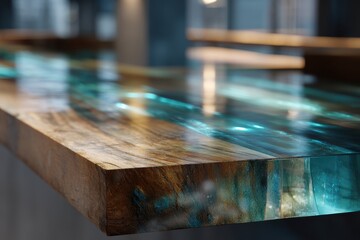 Unique Table Top: A close-up showcases a beautifully crafted table top, its surface a harmonious blend of natural wood grain and translucent resin, creating a captivating visual texture and depth.