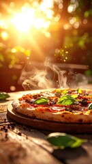 Steaming pizza on wood, golden sun, fresh basil, rustic scene