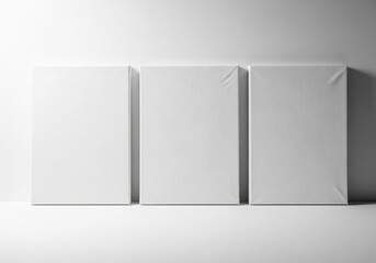 Fototapeta premium Three blank white canvases lined up against a white wall