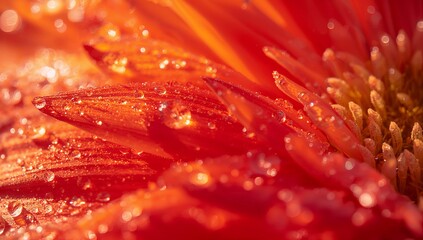 Close up of orange gerbera daisy flower petals covered in water droplets in soft sunlight