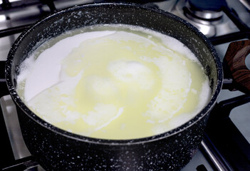 Milk curdling in pot on stove during homemade cheese making process. Fresh whey separation. Close up