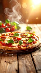 Hot pizza with basil, tomatoes, wood table, and steam, lit by sunlight