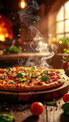 Steaming pizza on a wooden board in a brick oven setting with tomatoes and herbs