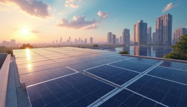 Rooftop solar panels collect sun energy near city skyscrapers. Clean power generation system on urban building roof during sunset, cityscape background. Future green tech.