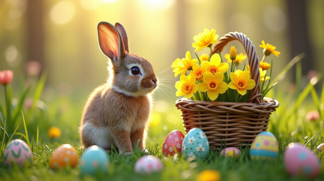 Brown rabbit near wicker basket filled with daffodils and painted eggs on green grass; golden sunlight, spring flowers and fresh outdoor Easter mood - Powered by Adobe