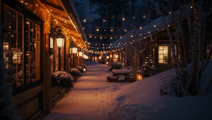 Illuminated winter village with snow covered pathway and festive lights at dusk creating a cozy ambiance