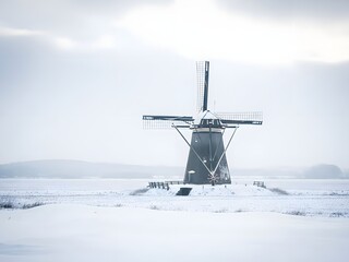 Dutch Windmill in a Winter Wonderland A Serene Snowscape in the Netherlands