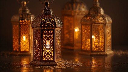 Ornate lanterns glowing with warm light casting intricate shadows in a dimly lit setting