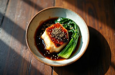 Square cod fillet with glistening miso sauce and sesame seeds. Green bok choy sits beside. Served on wooden table. Minimalist, elegant presentation.