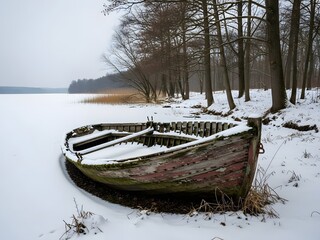 Old Wooden Boat Resting on a Snowy Lake Shore Under a Cold Winter Sky with Bare Trees