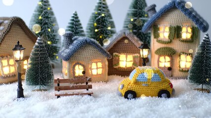 Charming snow-covered village at night with warmly lit houses and a yellow car - Powered by Adobe