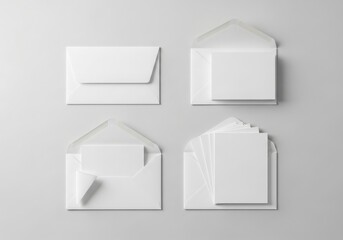Four blank white envelopes and cards displayed on a light gray background