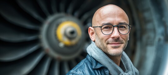 Man with Glasses Smiling Beside Aircraft Turbine in Industrial Setting