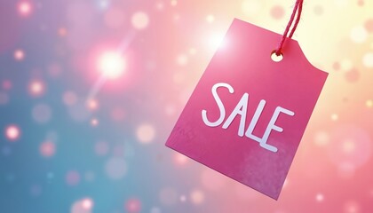 Pink sale tag hangs with blurred festive bokeh lights. Retail promotion, special offer, bargain shopping concept. Discount, purchase, commerce idea.