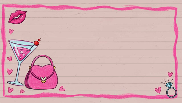 Feminine Bachelorette Party Invitation Frame with Pink Cocktail, Diamond Ring, and Heart Handbag Sketch - Powered by Adobe