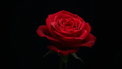 A close up shot of a vibrant red rose with water droplets on its petals against a black background
