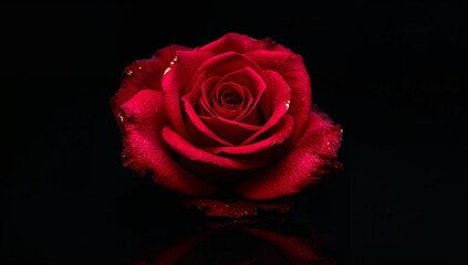 A close up shot of a vibrant red rose in full bloom against a stark black background with water droplets