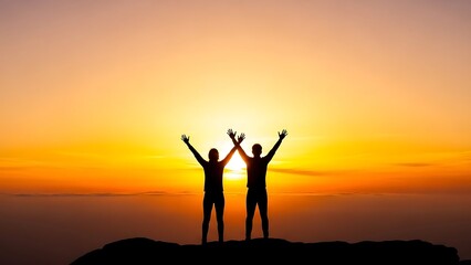 Silhouetted couple celebrating success on mountain peak at vibrant sunset, a moment of achievement and shared goals under a breathtaking sky