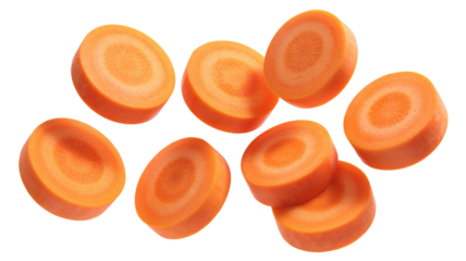 Fresh carrot slices falling png  isolated on transparent background , vibrant orange circles for healthy eating ads and creative food content