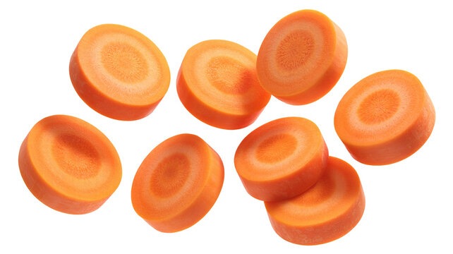 Fresh carrot slices falling png  isolated on transparent background , vibrant orange circles for healthy eating ads and creative food content