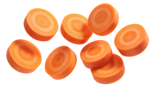Fresh carrot slices falling png  isolated on transparent background , vibrant orange circles for healthy eating ads and creative food content