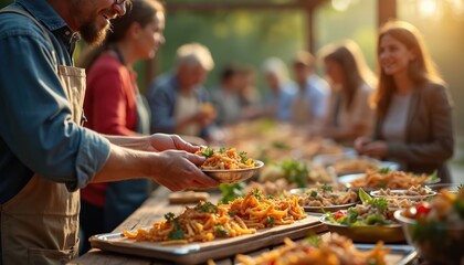 Volunteer serves pasta dish to people at outdoor community meal. Guests receive food with smiles at charity event. Sharing food creates happiness, unity among diverse individuals gathering together.