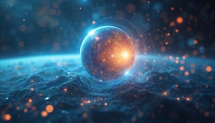 Glowing digital sphere with bright orange core sits on dark textured ground. Blue light lines show tech patterns. Bokeh elements float around. Image future innovation, global data, network, AI