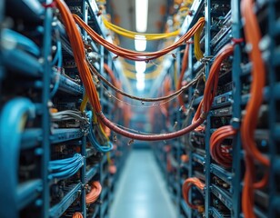Many colorful cables connect servers in data center. Orange blue yellow wires form complex network infrastructure. Tech room shows organized connectivity, digital systems. Data flows through modern