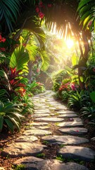 Stone path through lush, vibrant jungle with sunlight peeking through