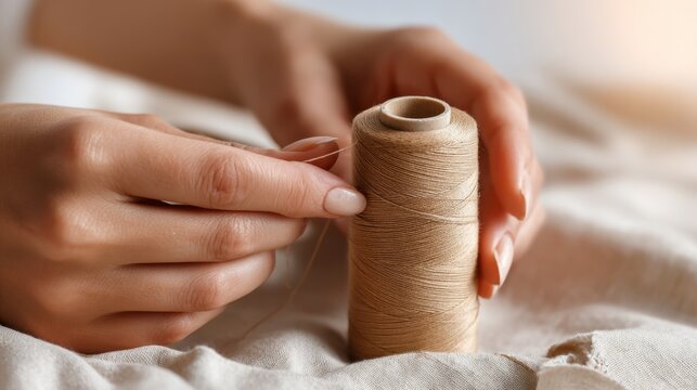 A close-up of a woman's hands threading a needle with brown thread, evoking creativity and craftsmanship.