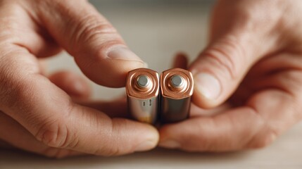Close-up of hands holding two different types of batteries, showcasing their design and structure in natural light.